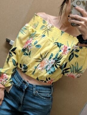 Yellow Floral Off-Shoulder Smocked Crop Top